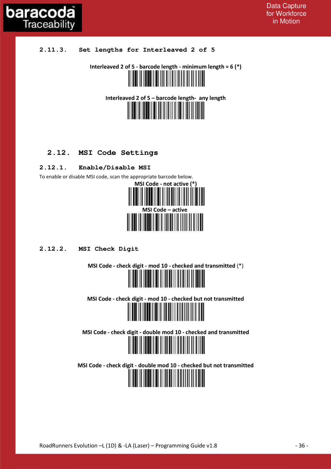 Baracoda LA (LASER), L (1D) manual MSI Code Settings, Set lengths for Interleaved 2, Enable/Disable MSI, MSI Check Digit 