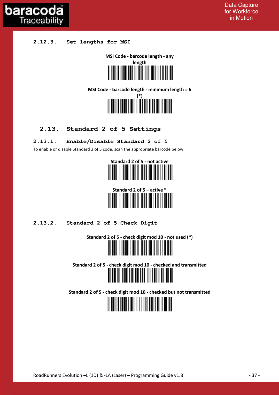 Baracoda L (1D) Standard 2 of 5 Settings, Set lengths for MSI, Enable/Disable Standard 2, Standard 2 of 5 Check Digit 