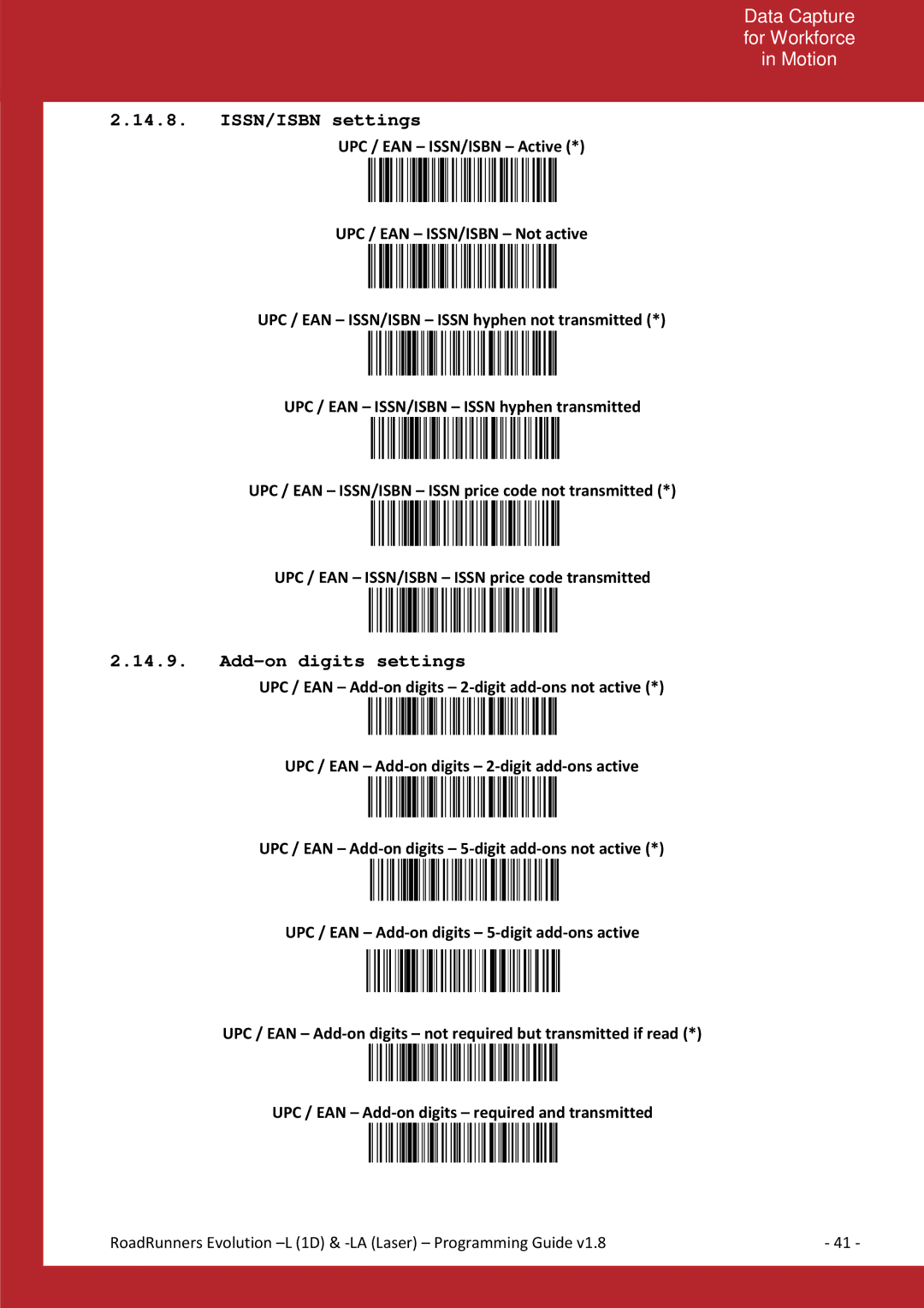 Baracoda L (1D), LA (LASER) manual ISSN/ISBN settings, Add-on digiits settings 