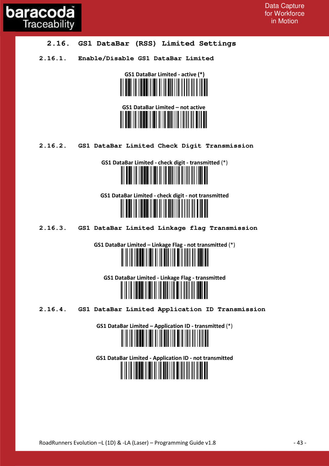 Baracoda L (1D), LA (LASER) manual 16. GS1 DataBar RSS Limited Settings, Enable/Disable GS1 DataBar Limited 