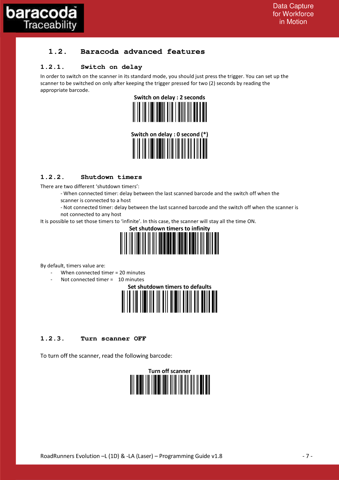 Baracoda L (1D), LA (LASER) manual Baracoda advanced features, Switch on delay, Shutdown timers, Turn scanner OFF 