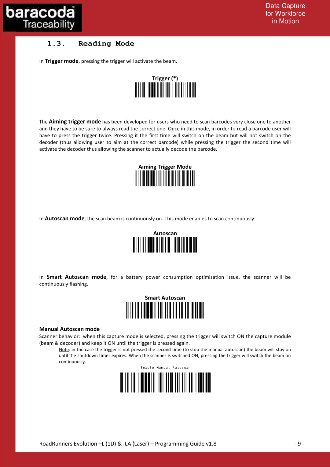 Baracoda L (1D), LA (LASER) manual Reading Mode, Aiming Trigger Mode, Smart Autoscan Manual Autoscan mode 