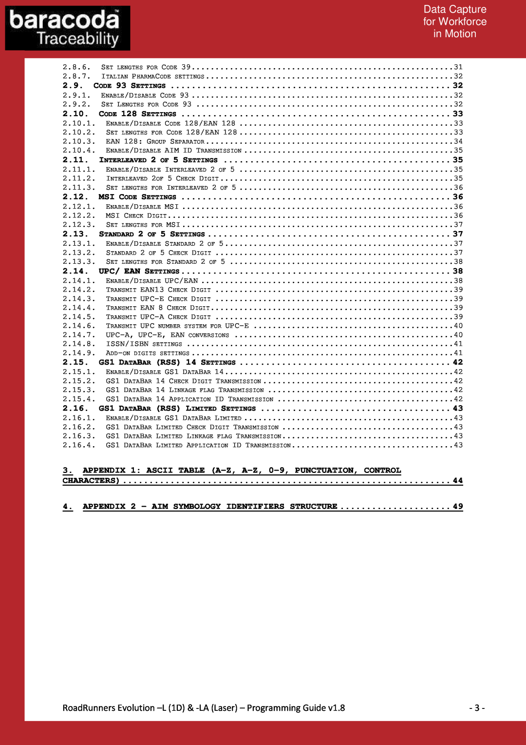 Baracoda L (1D) Data Capture, for Workforce, in Motion, RoadRunners Evolution -L 1D & -LA Laser - Programming Guide, 2.10 