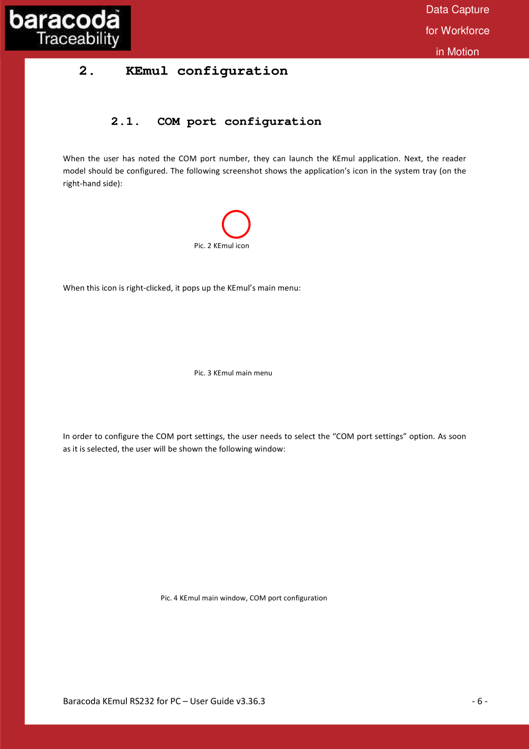 Baracoda RS232 manual KEmul configuration, COM port configuration 