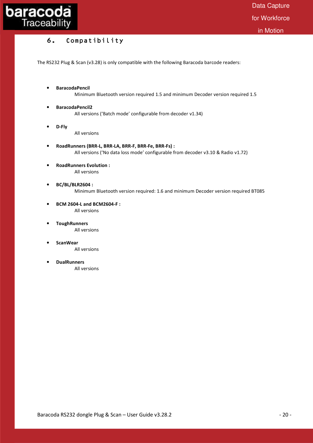 Baracoda RS232RS232 manual Compatibility 