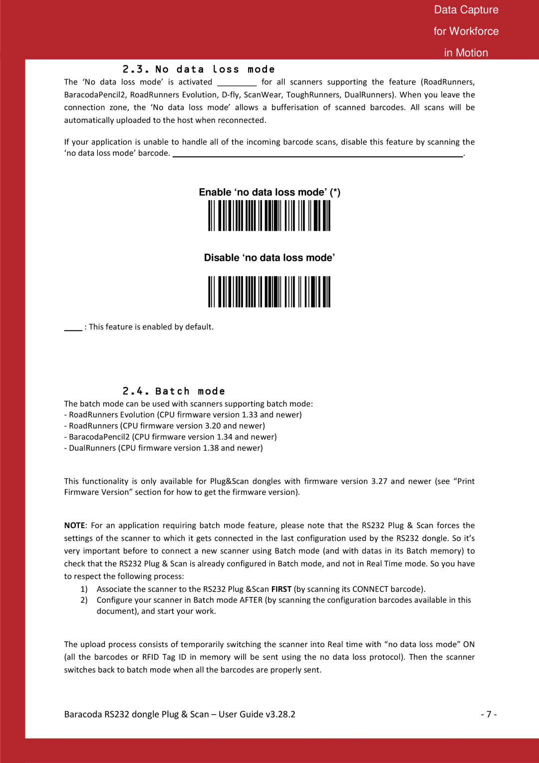 Baracoda RS232RS232 manual No data loss mode, Batch mode 