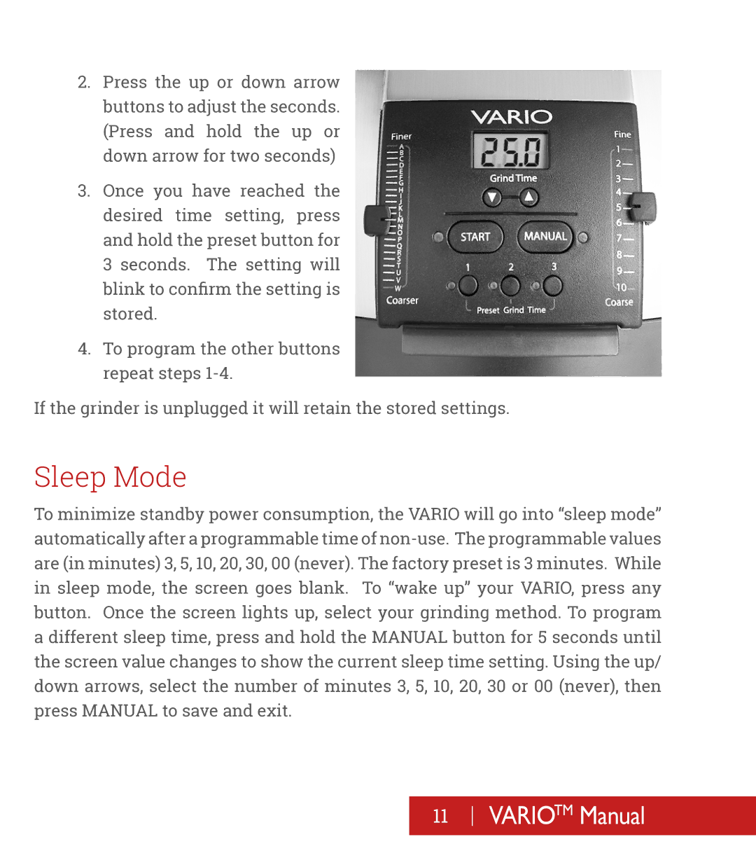 Baratza B-VarioW manual Sleep Mode 