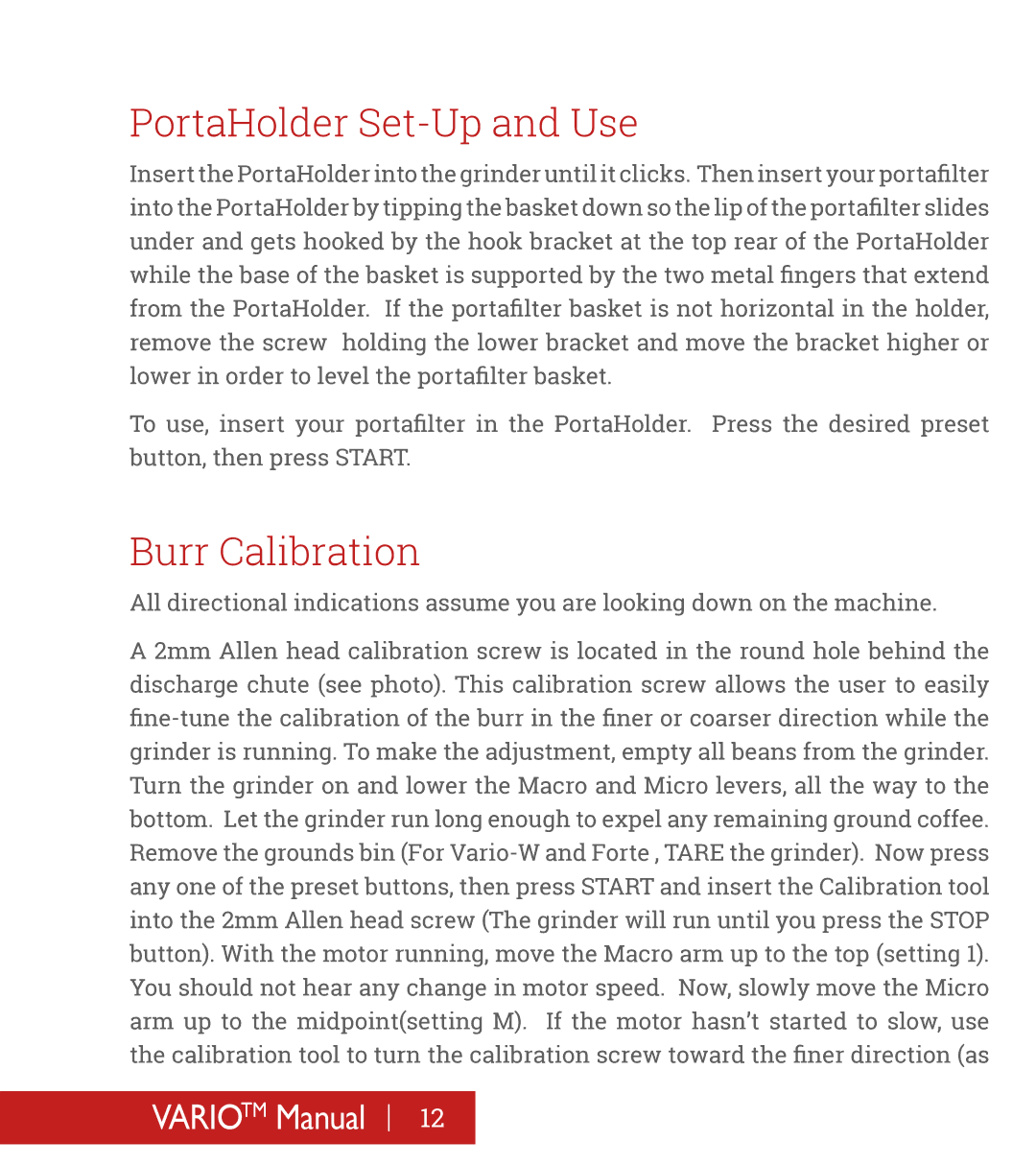 Baratza B-VarioW manual PortaHolder Set-Up and Use, Burr Calibration 