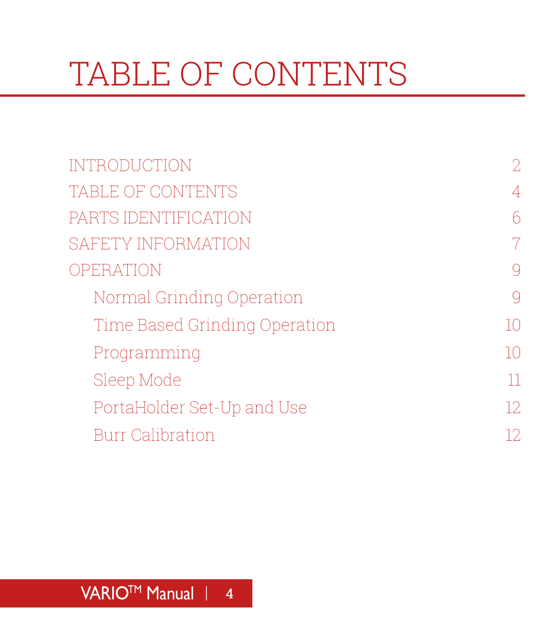 Baratza B-VarioW manual Table of Contents 