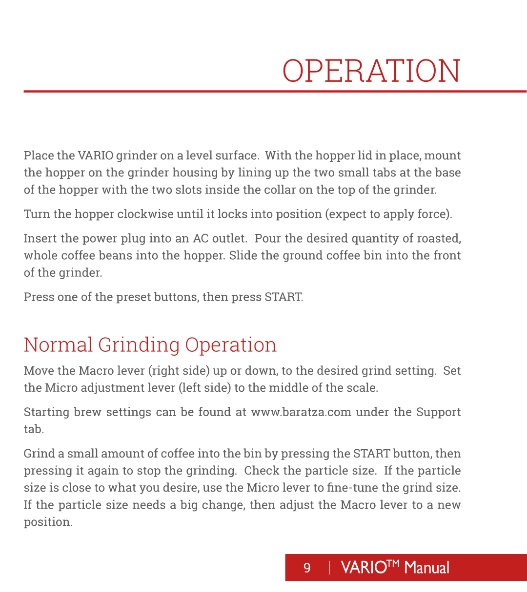 Baratza B-VarioW manual Normal Grinding Operation 