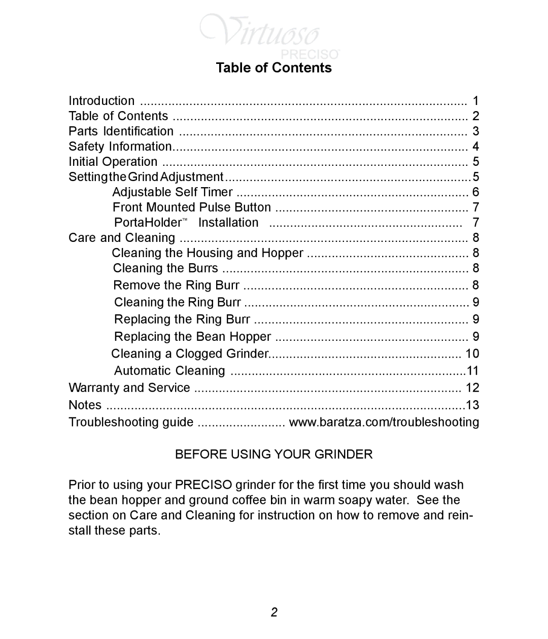 Baratza B-Virtuoso, B-Preciso manual Table of Contents 