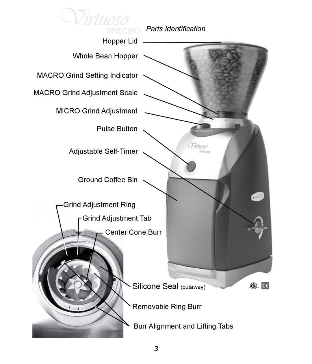 Baratza B-Preciso, B-Virtuoso manual Silicone Seal cutaway 