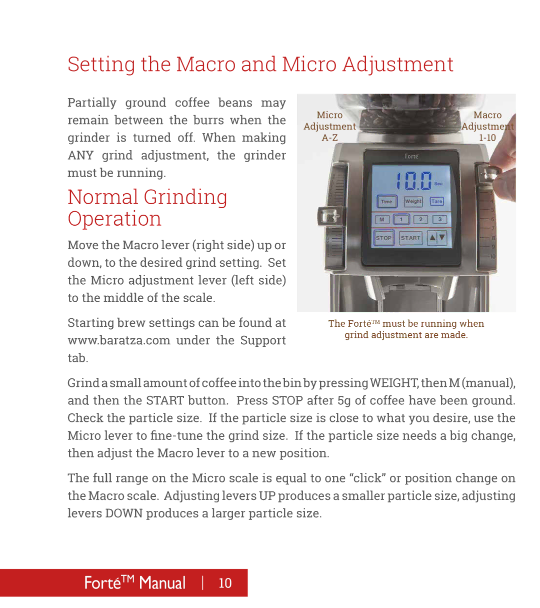 Baratza Forte-AP, Forte-BG manual Setting the Macro and Micro Adjustment, Normal Grinding Operation 