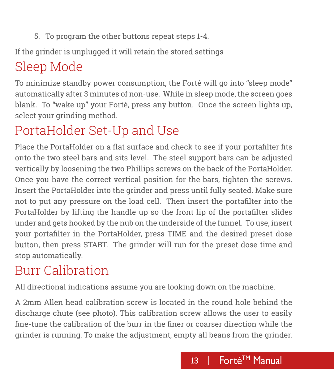 Baratza Forte-BG, Forte-AP manual Sleep Mode, PortaHolder Set-Up and Use, Burr Calibration 