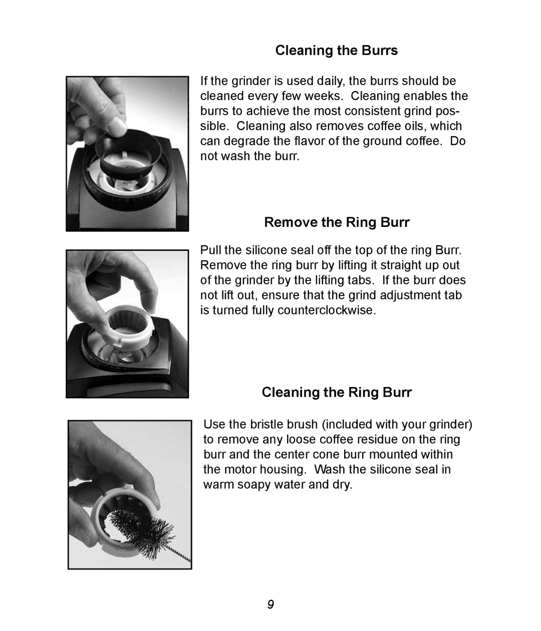 Baratza G385 manual Cleaning the Burrs, Remove the Ring Burr, Cleaning the Ring Burr 