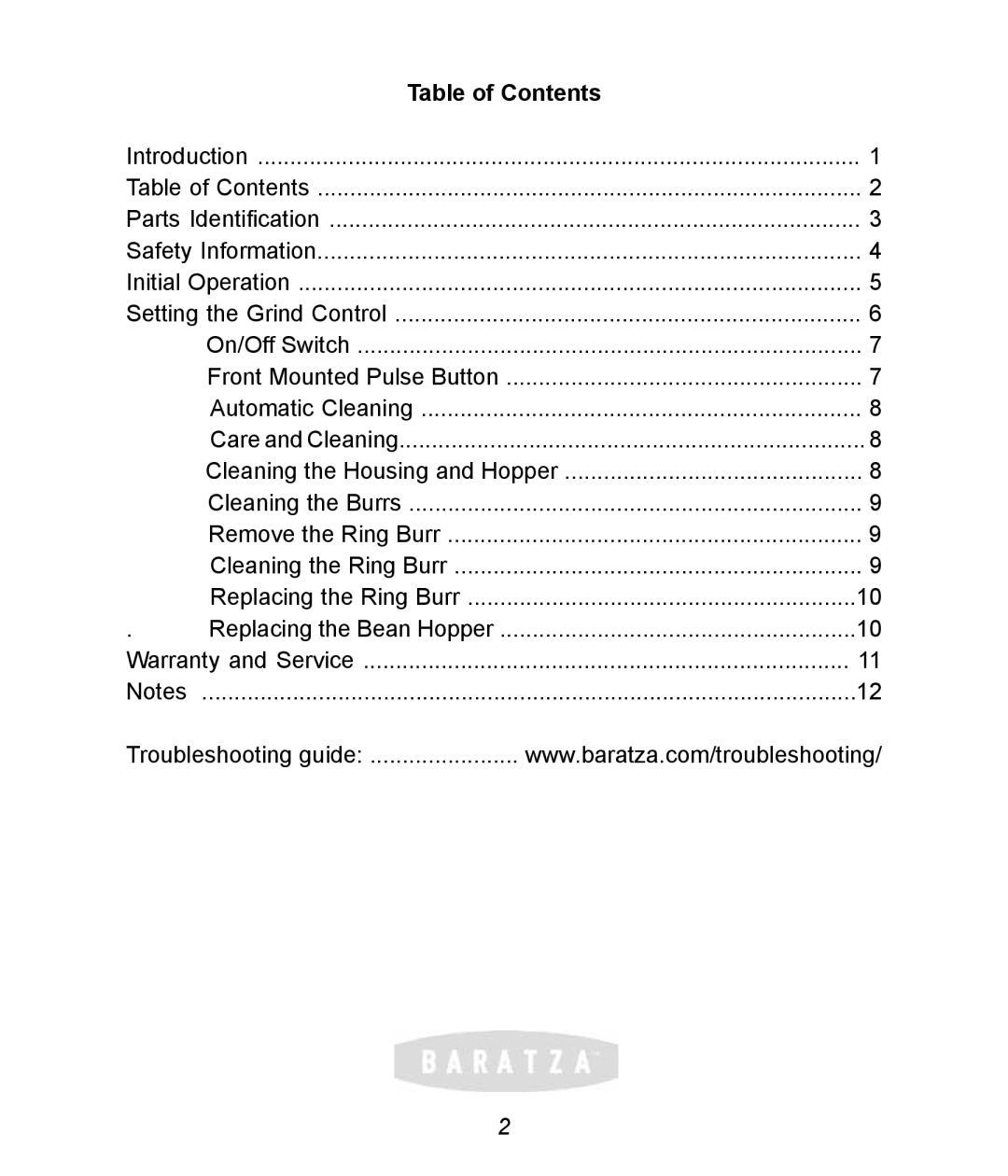 Baratza G385 manual Table of Contents 