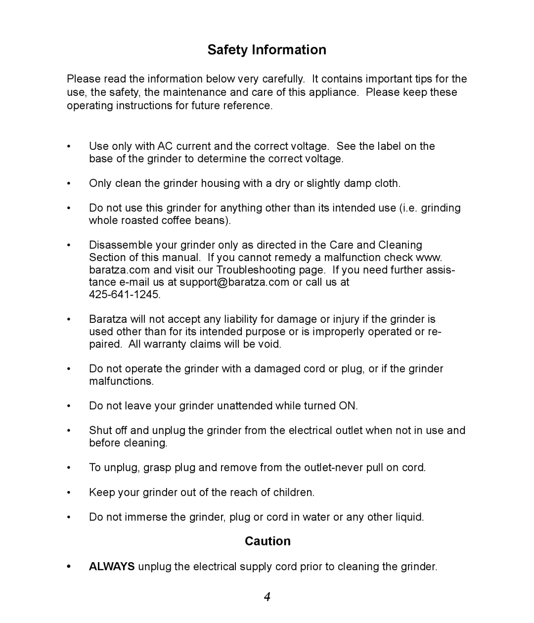 Baratza G385 manual Safety Information 