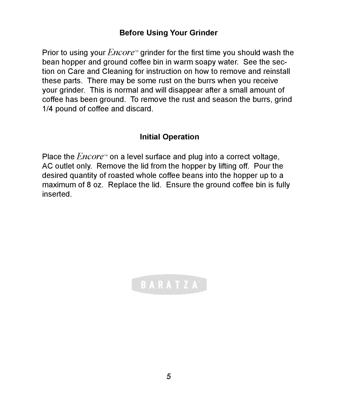 Baratza G385 manual Before Using Your Grinder, Initial Operation 