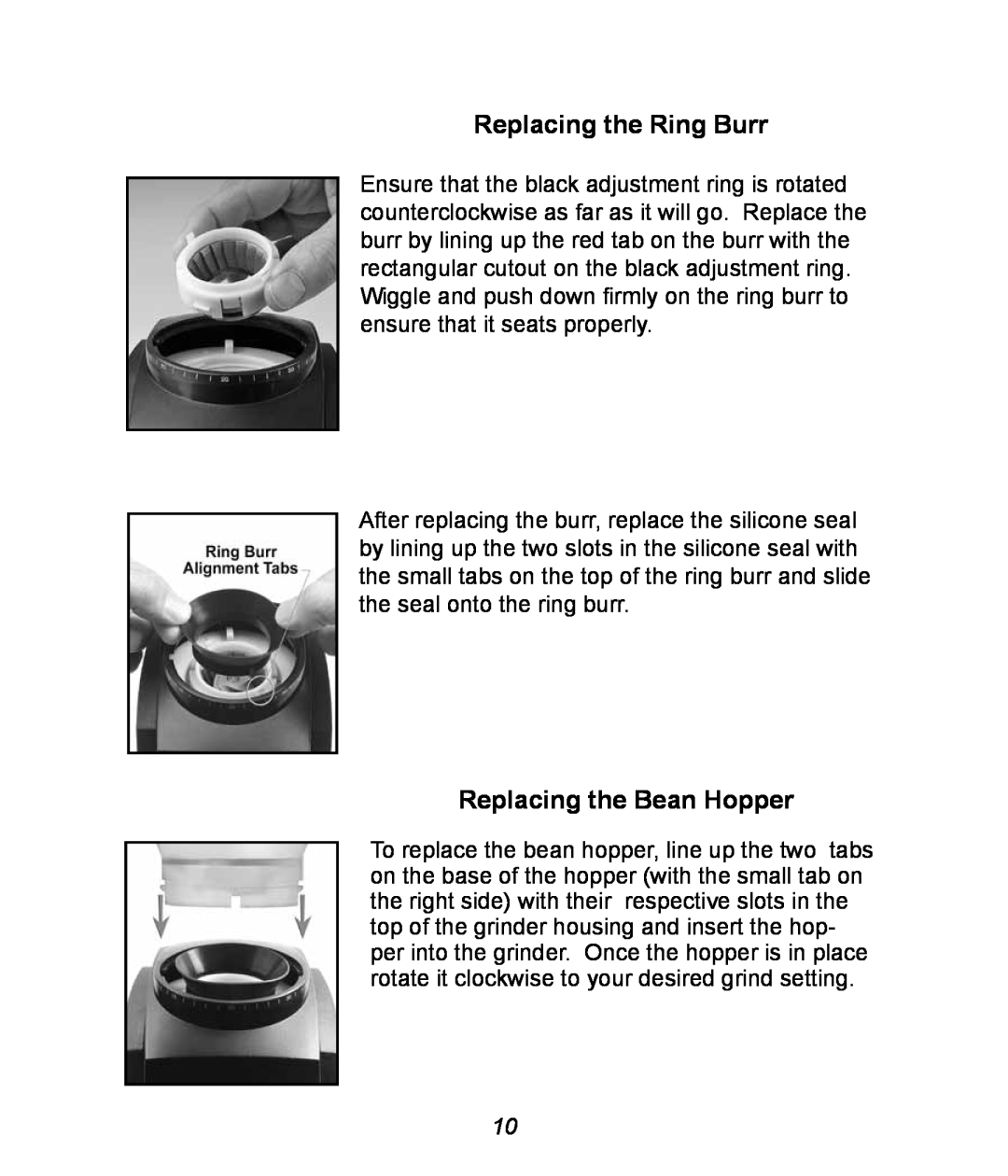 Baratza G385 manual Replacing the Ring Burr, Replacing the Bean Hopper 