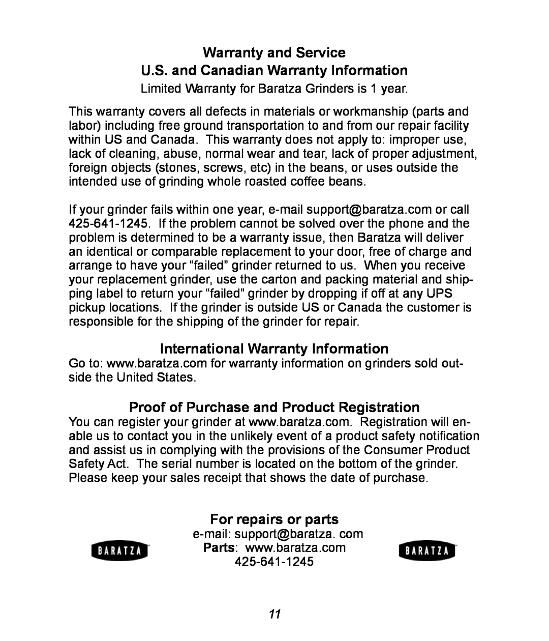 Baratza G385 manual Warranty and Service U.S. and Canadian Warranty Information, International Warranty Information 