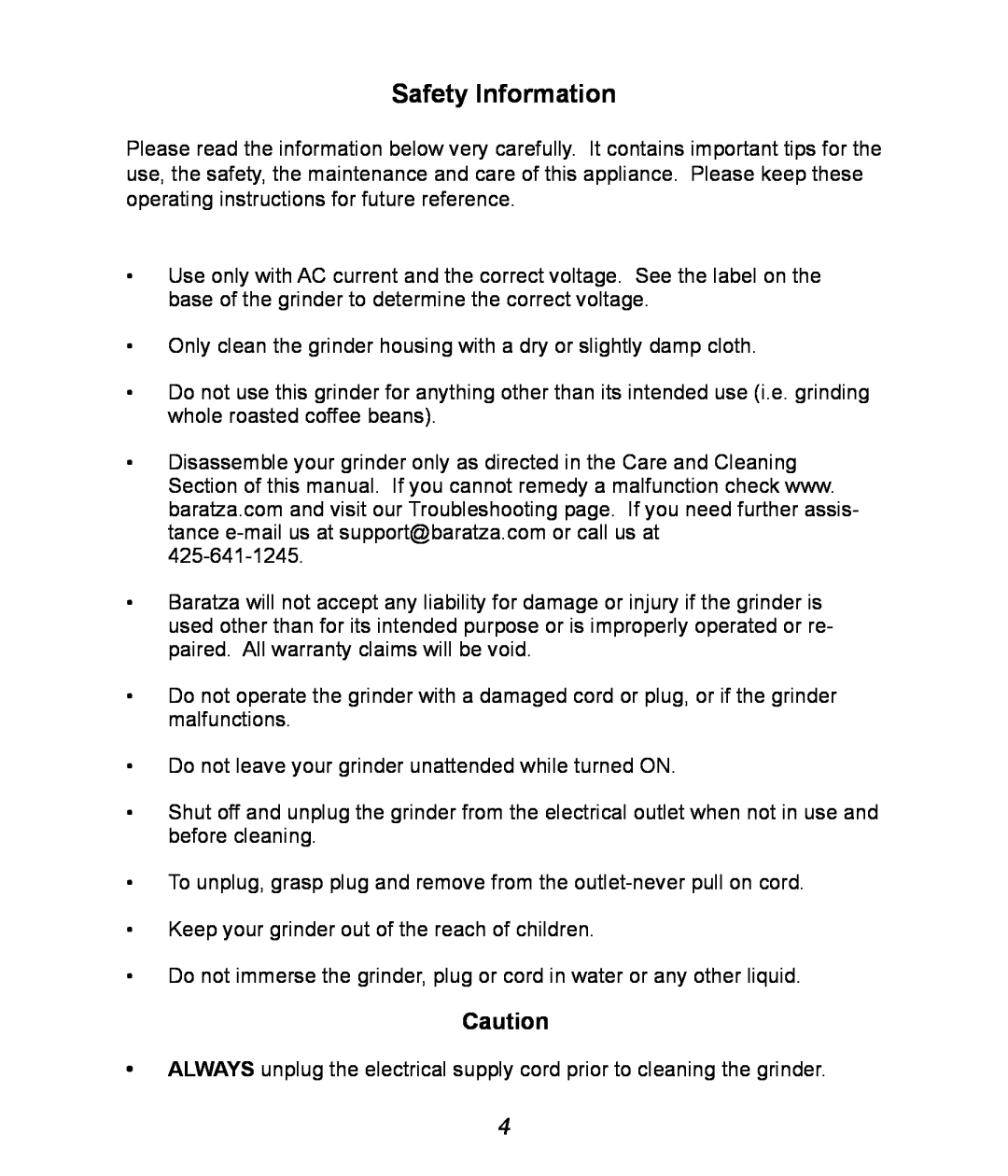 Baratza G385 manual Safety Information 