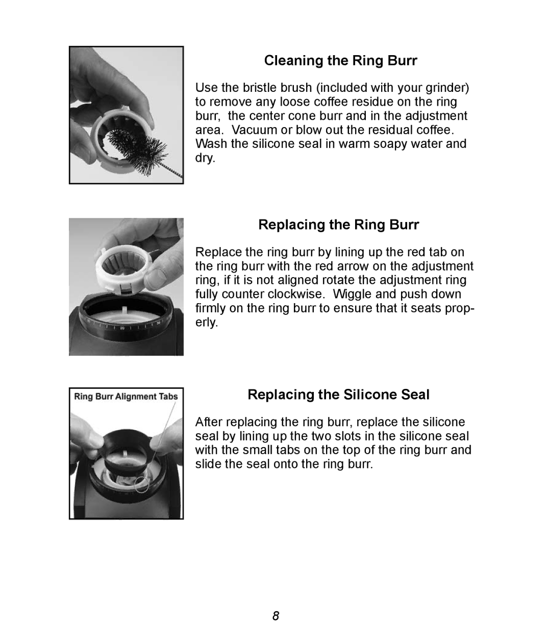 Baratza Maestro Plus manual Cleaning the Ring Burr, Replacing the Ring Burr, Replacing the Silicone Seal 