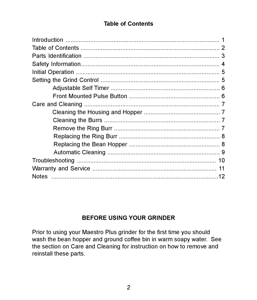 Baratza Maestro Plus manual Table of Contents, Before Using Your Grinder 