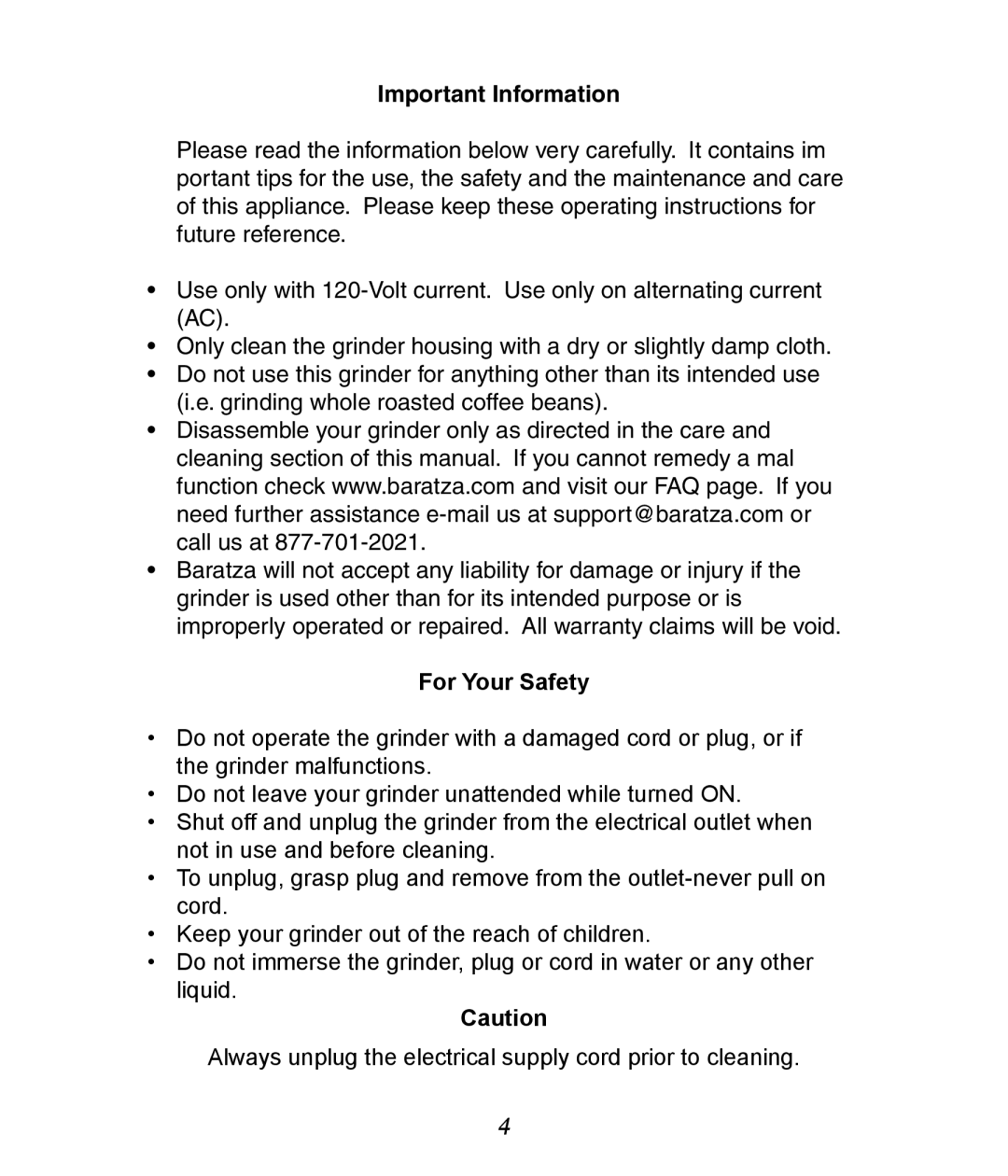 Baratza Maestro Plus manual Important Information, For Your Safety 