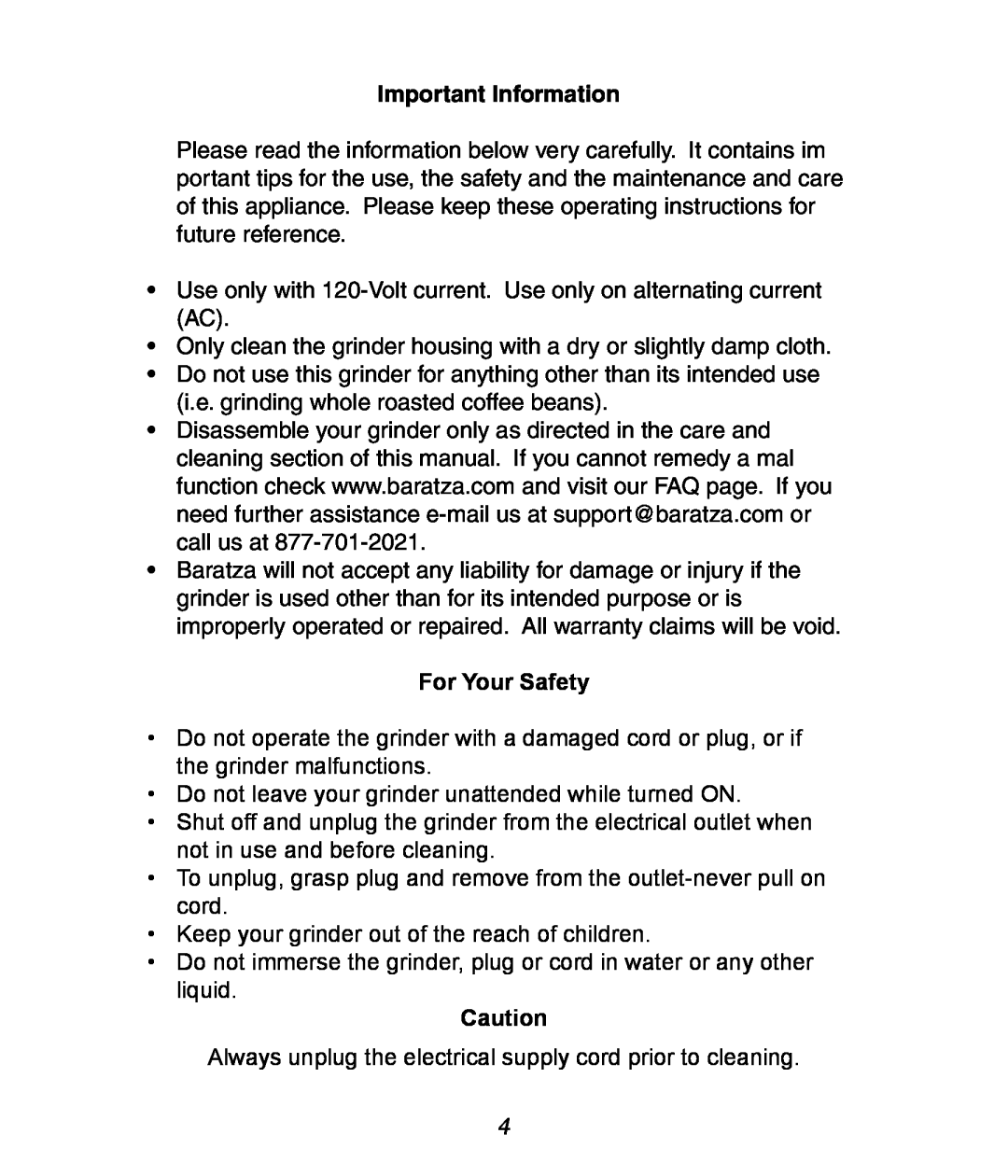 Baratza Maestro Plus manual Important Information, For Your Safety 