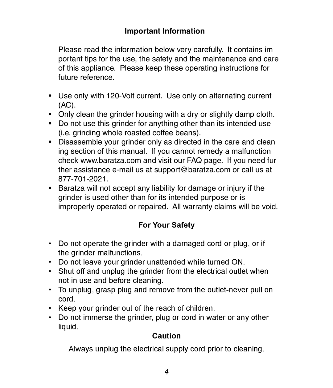 Baratza Maestro manual Important Information 