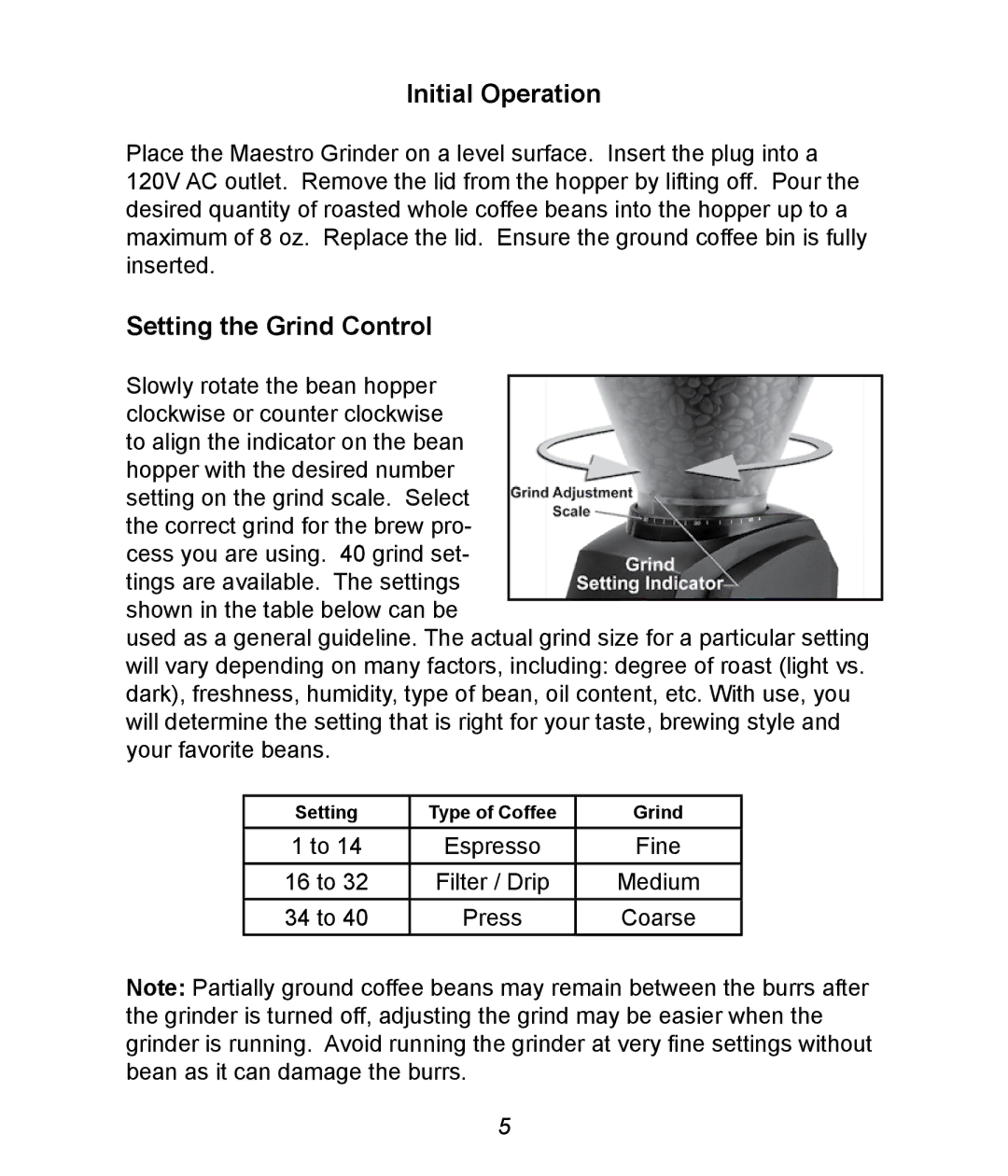 Baratza Maestro manual Initial Operation, Setting the Grind Control 
