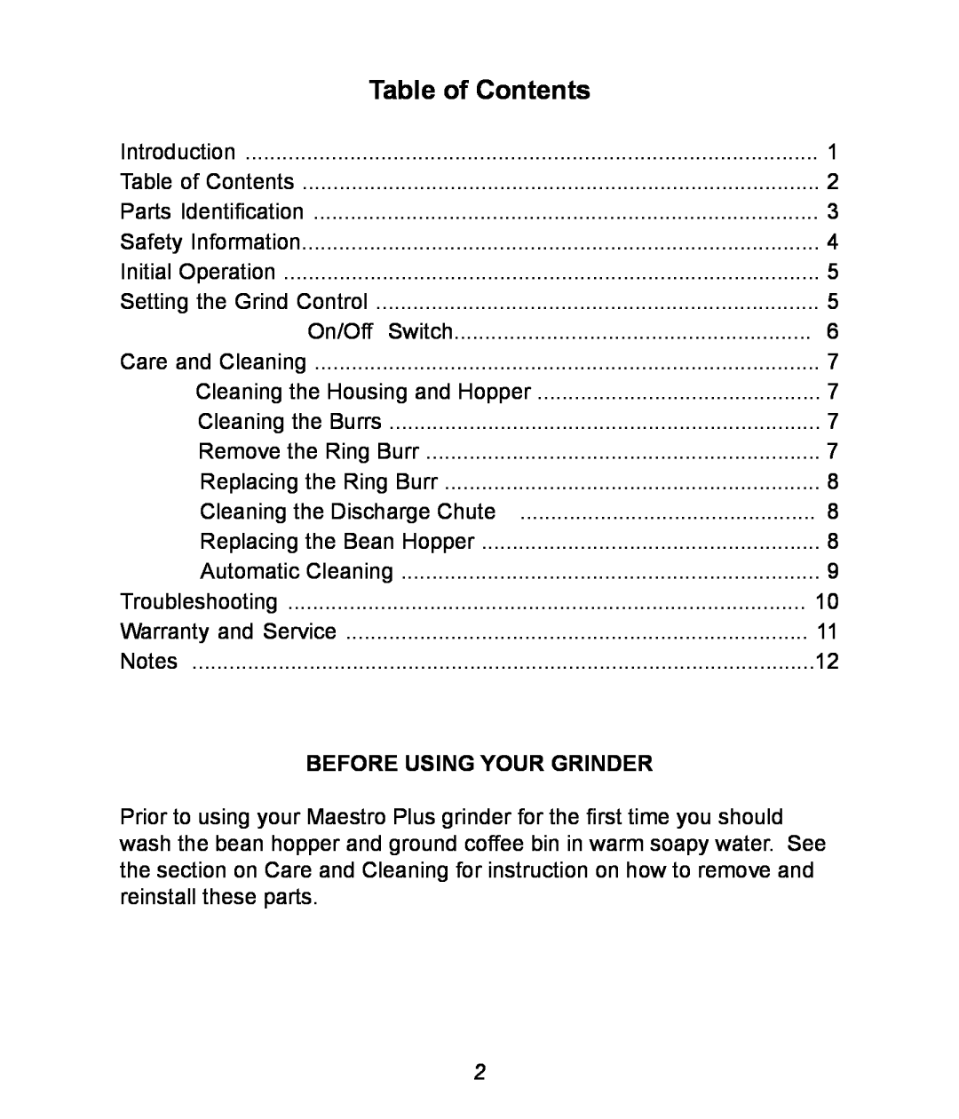 Baratza Maestro manual Table of Contents, Before Using Your Grinder 