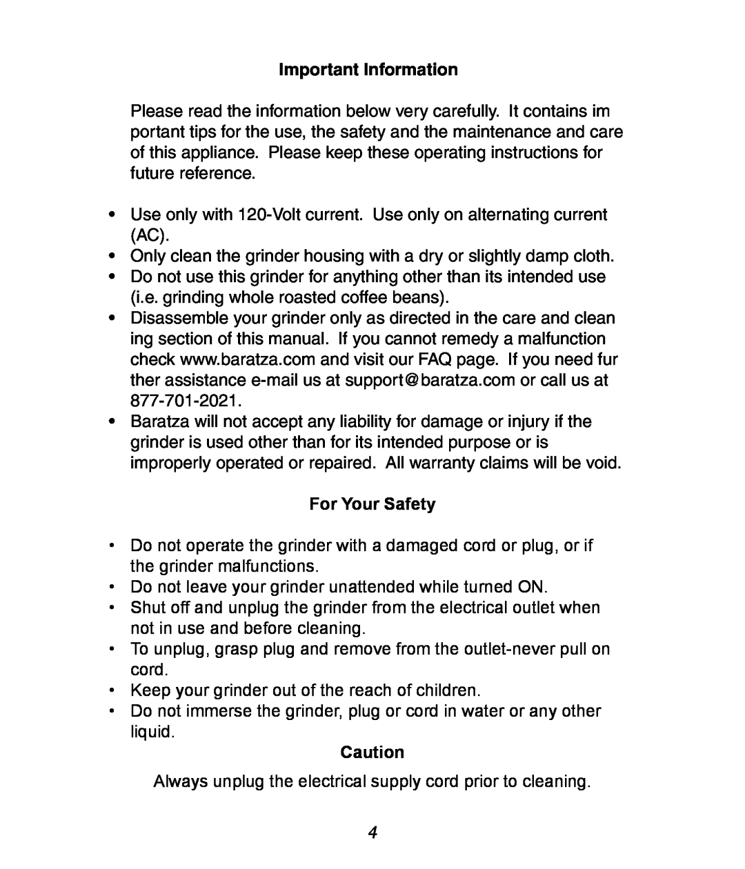 Baratza Maestro manual Important Information, For Your Safety 