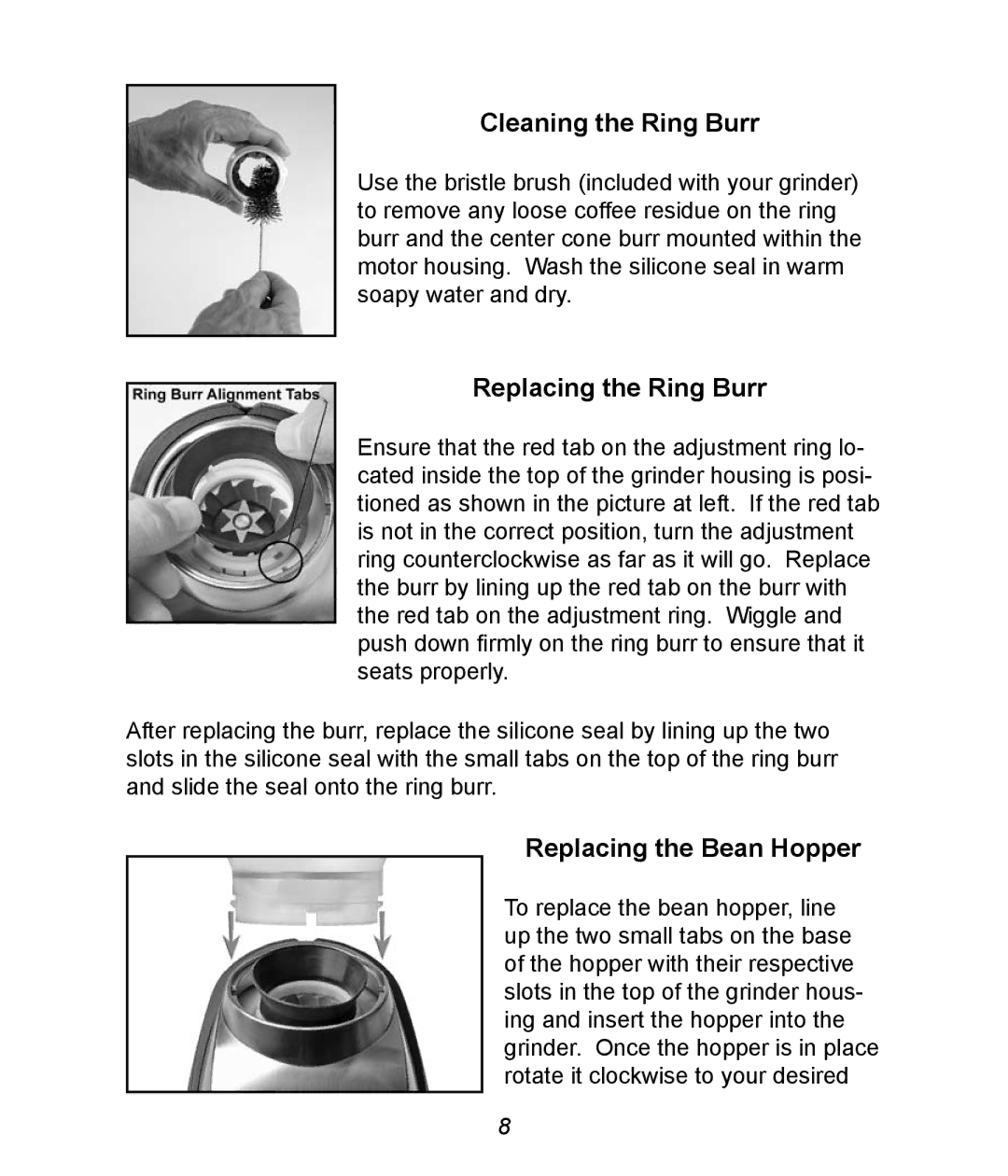 Baratza Virtuoso manual Cleaning the Ring Burr, Replacing the Ring Burr, Replacing the Bean Hopper 