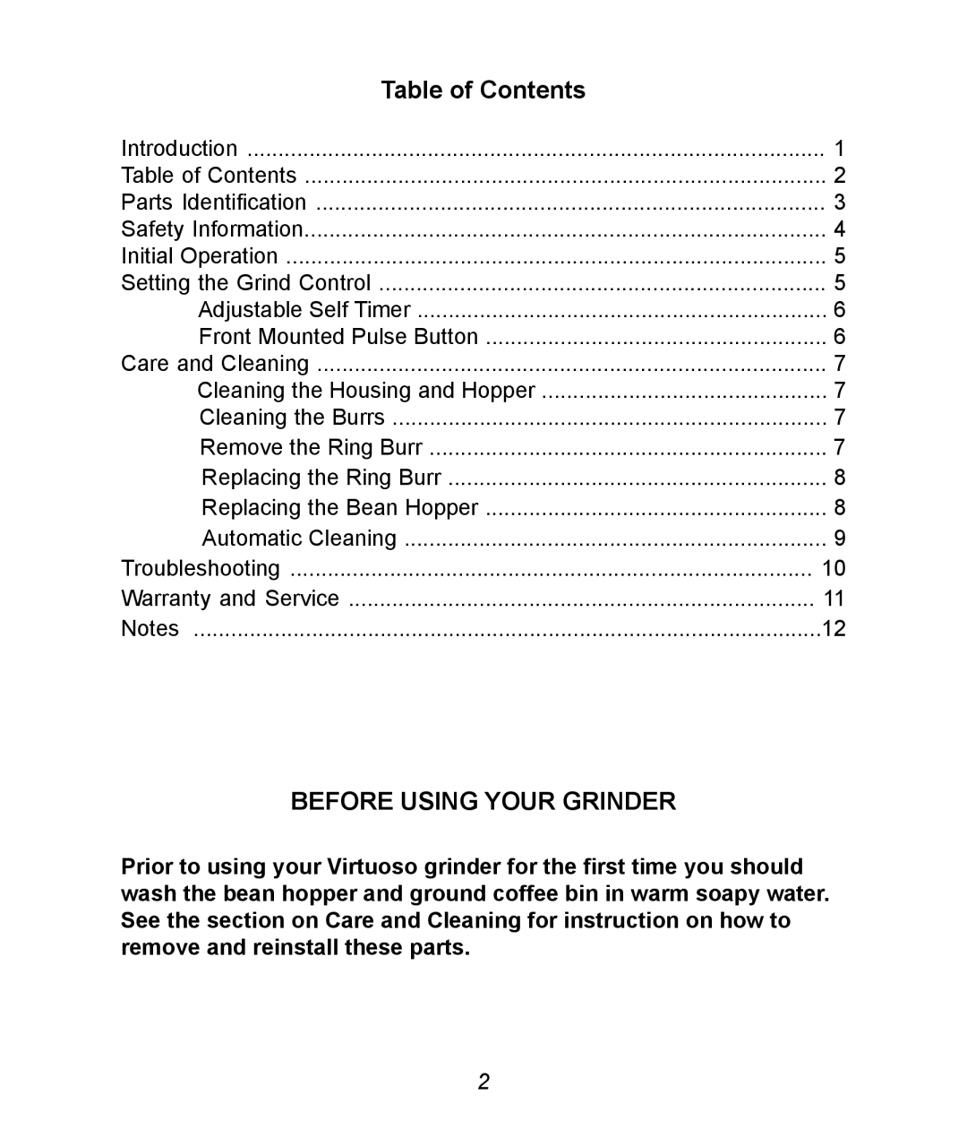 Baratza Virtuoso manual Table of Contents, Before Using Your Grinder 