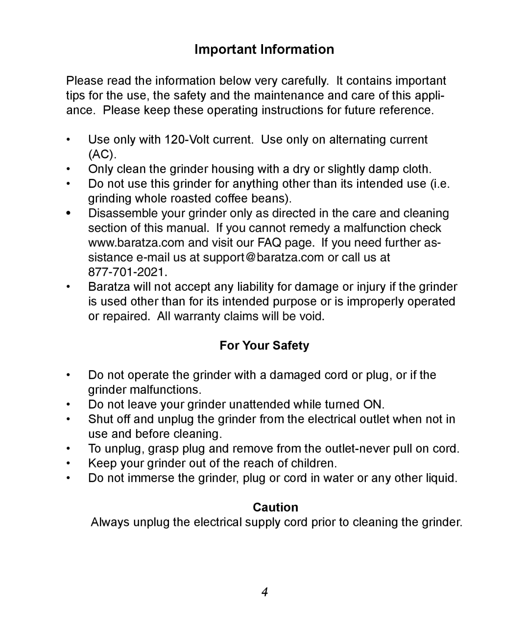 Baratza Virtuoso manual Important Information, For Your Safety 