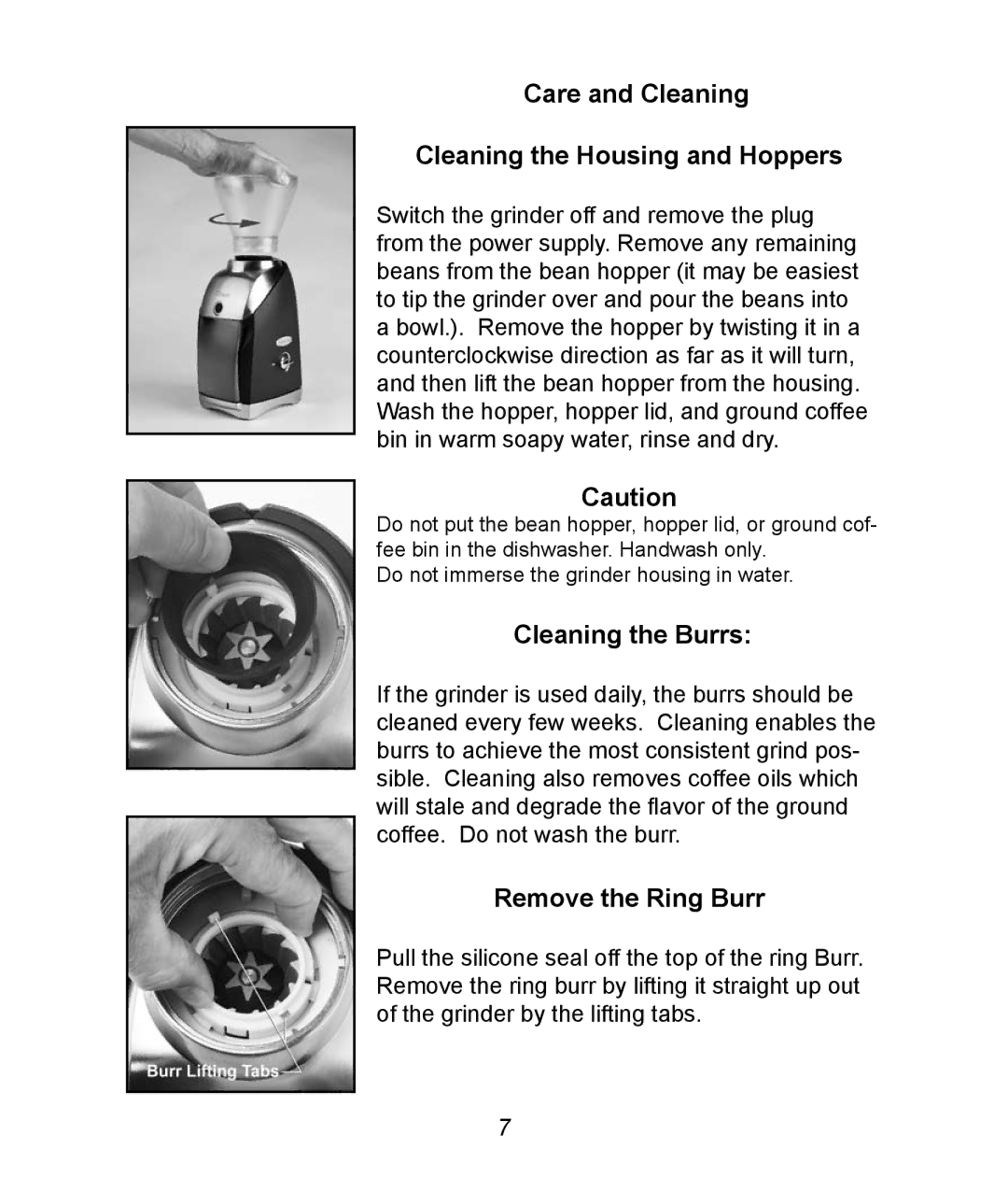 Baratza Virtuoso manual Care and Cleaning Cleaning the Housing and Hoppers, Cleaning the Burrs, Remove the Ring Burr 