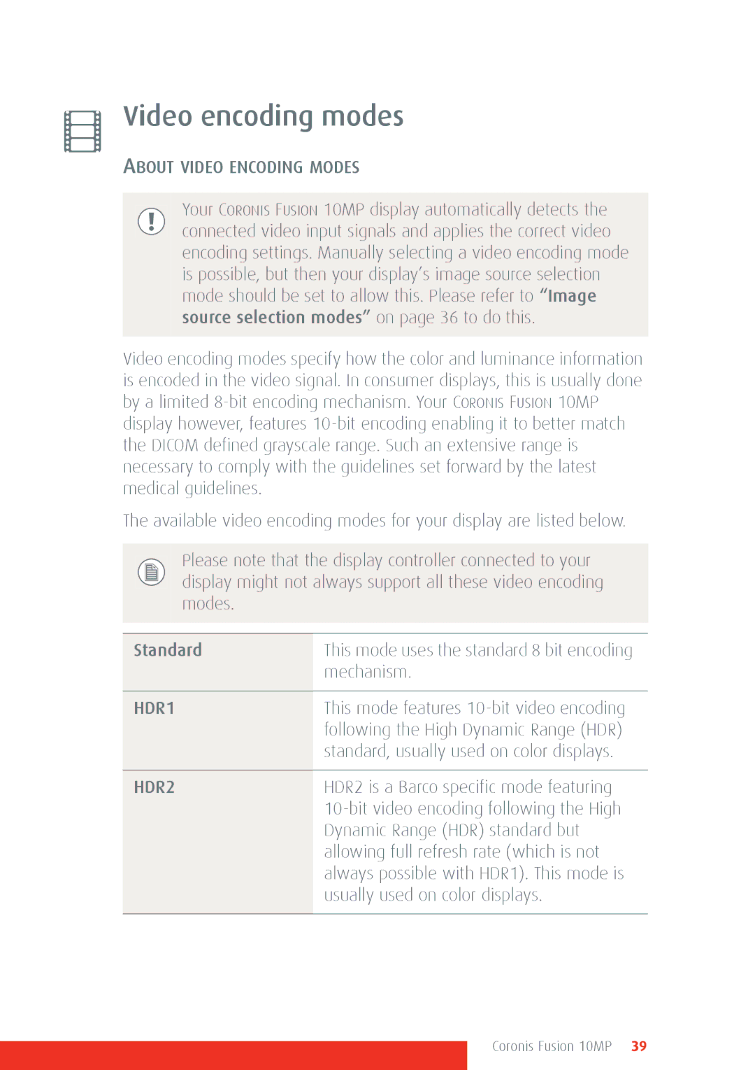 Barco 10MP manual Video encoding modes, About Video Encoding Modes, HDR1, HDR2 