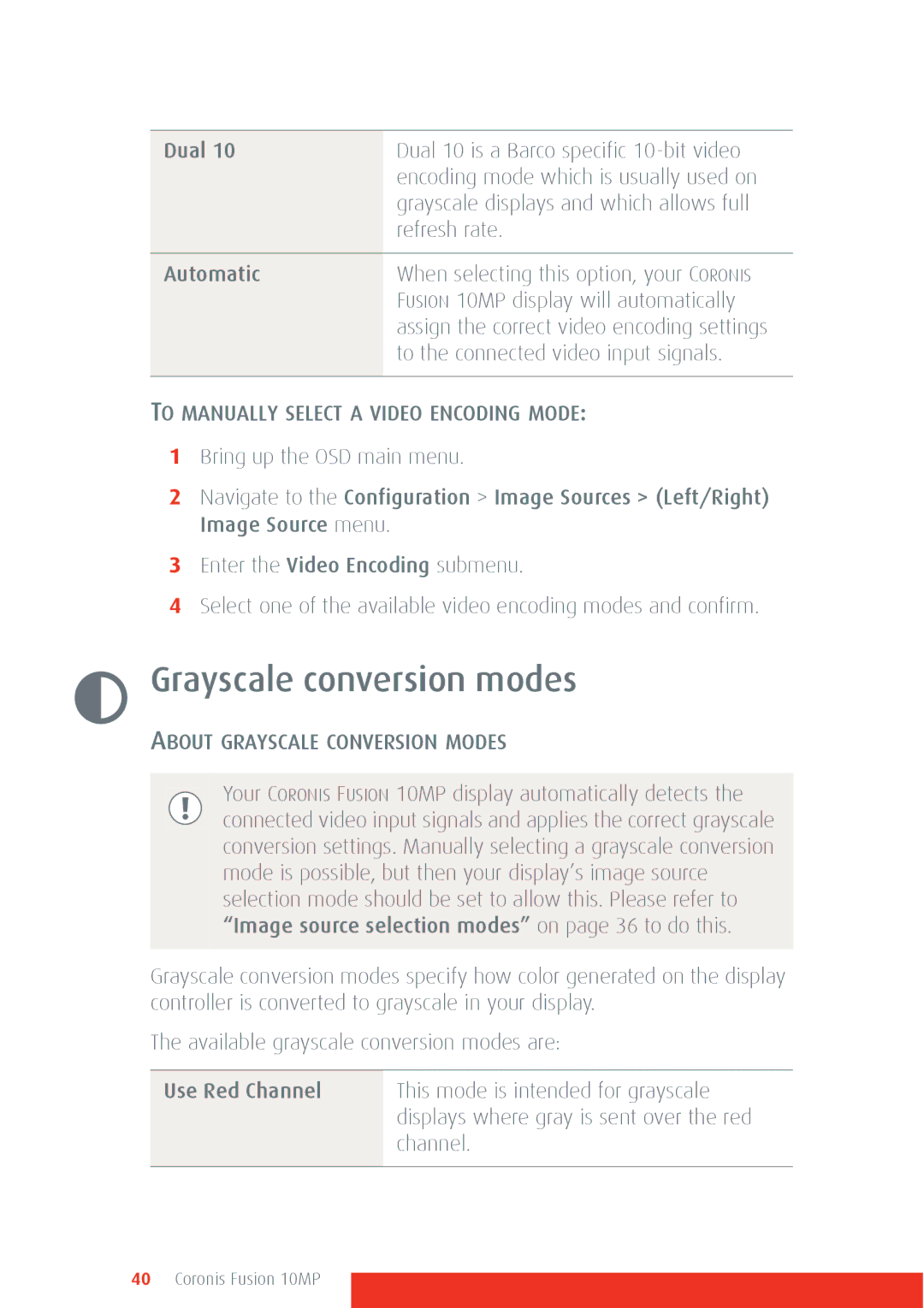 Barco 10MP manual Grayscale conversion modes, To Manually Select a Video Encoding Mode, About Grayscale Conversion Modes 