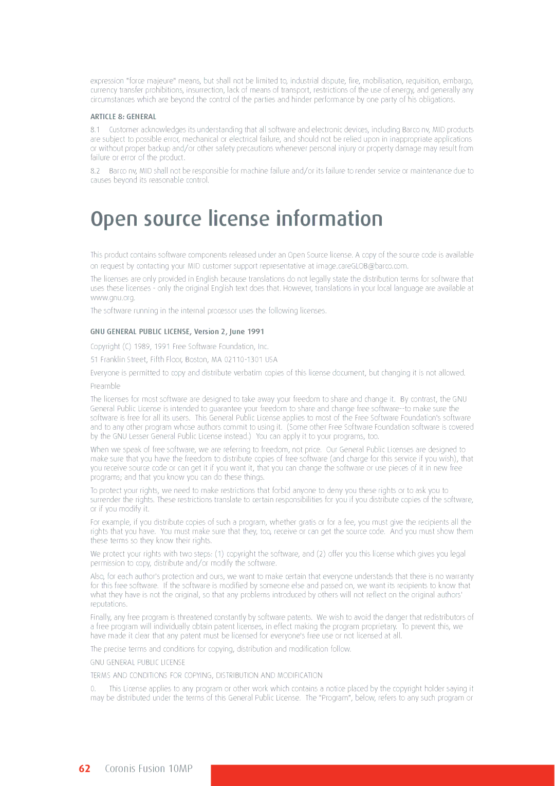 Barco 10MP manual Open source license information, Article 8 General 