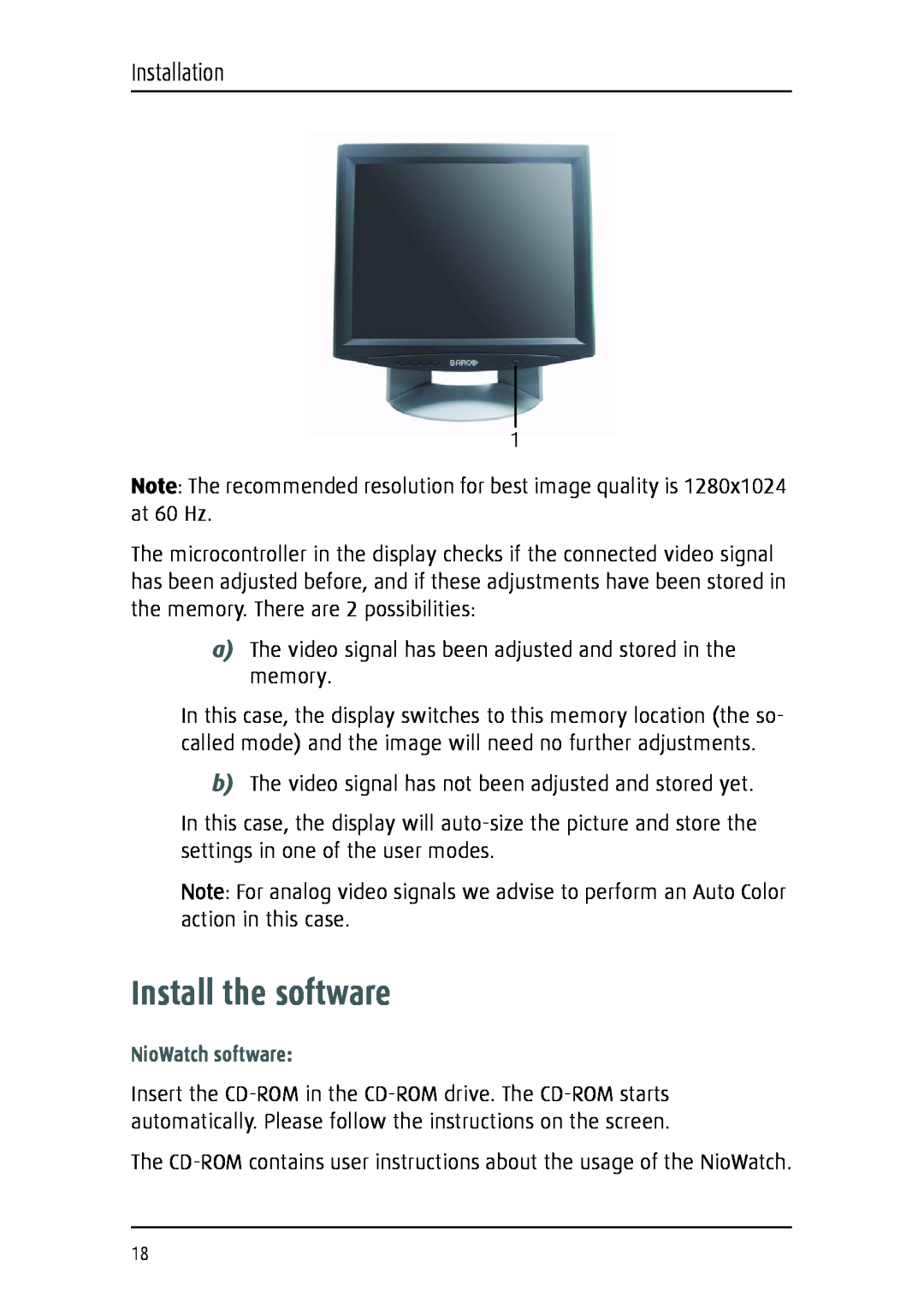 Barco 1219 user manual Install the software, NioWatch software, Installation 