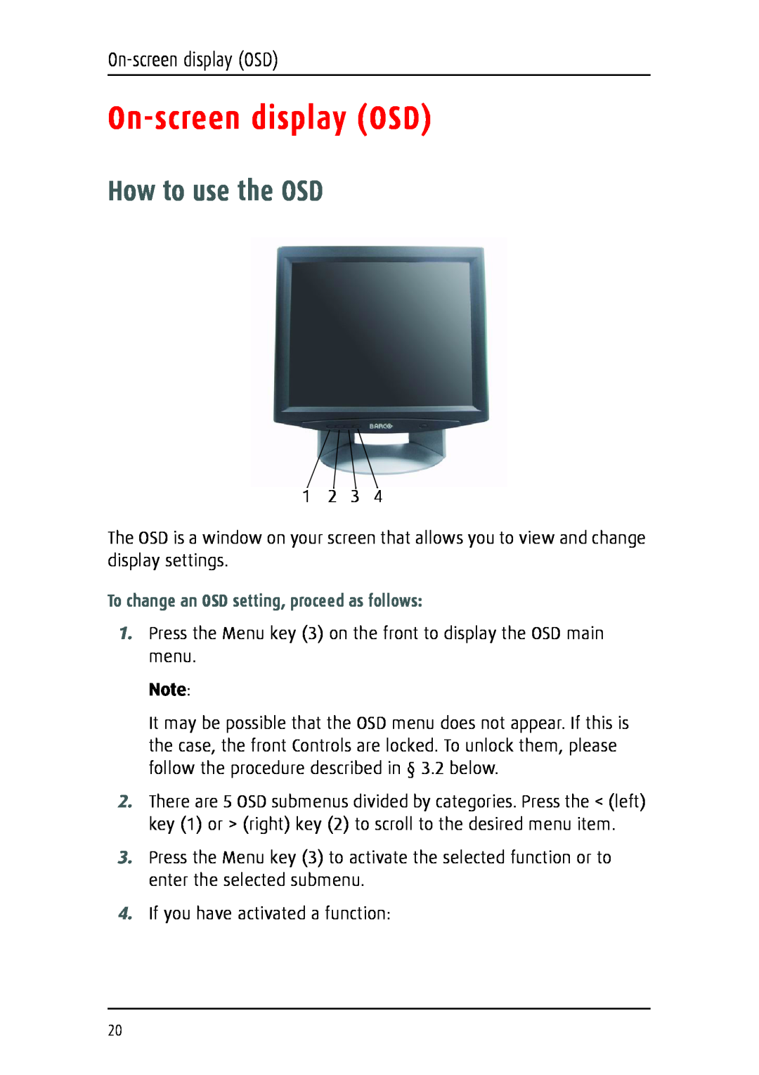 Barco 1219 user manual On-screen display OSD, How to use the OSD, To change an OSD setting, proceed as follows 
