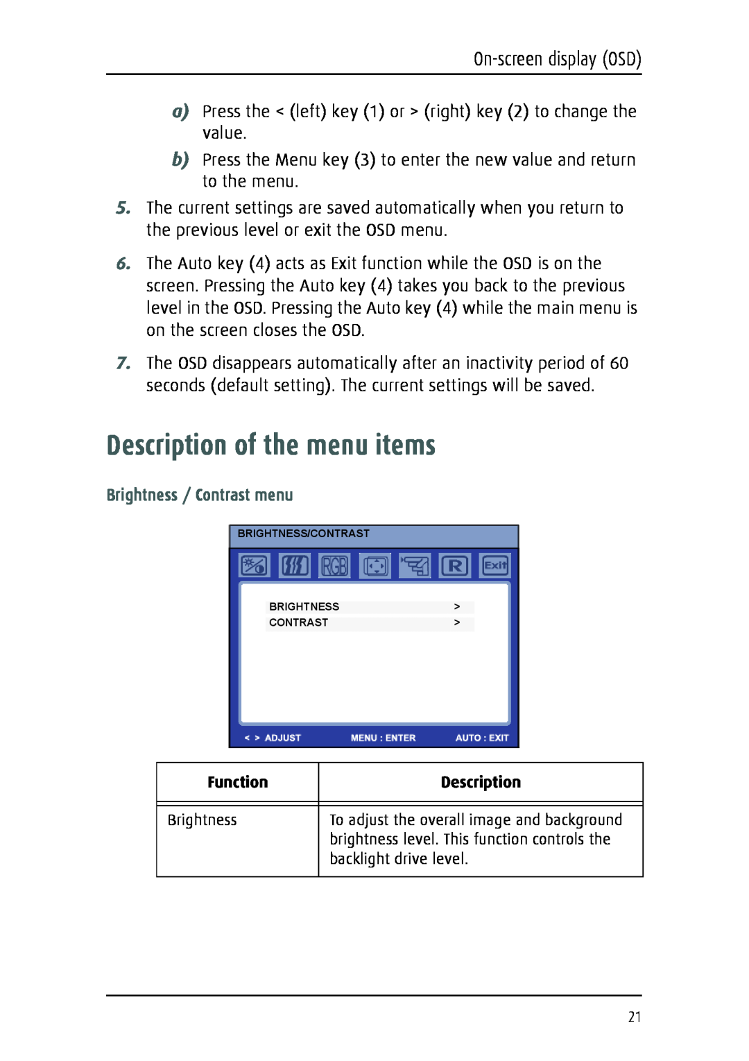 Barco 1219 user manual Description of the menu items, Brightness / Contrast menu, On-screen display OSD 