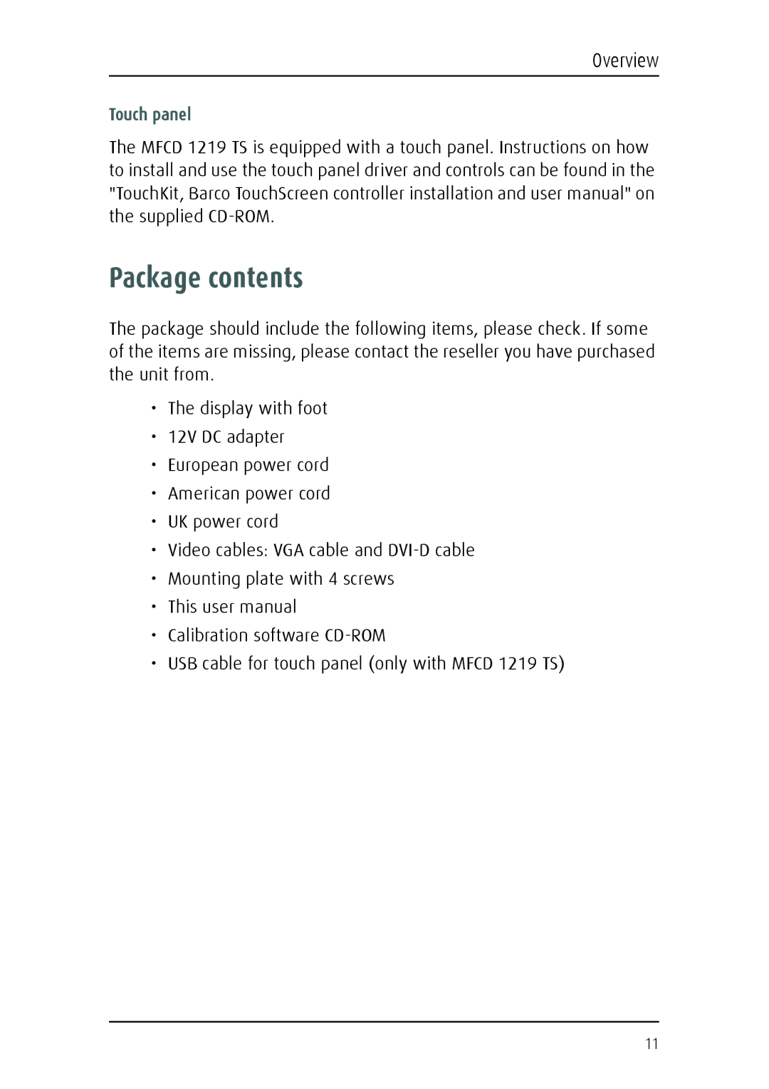 Barco 1219 user manual Package contents 