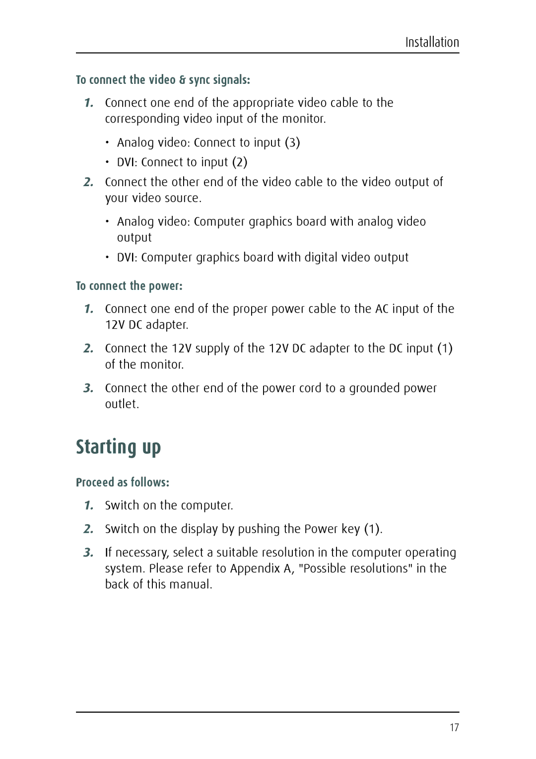 Barco 1219 user manual Starting up, To connect the video & sync signals, To connect the power, Proceed as follows 