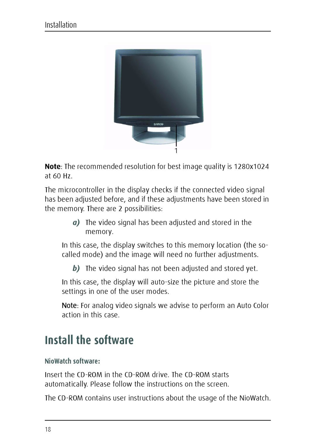 Barco 1219 user manual Install the software, NioWatch software 