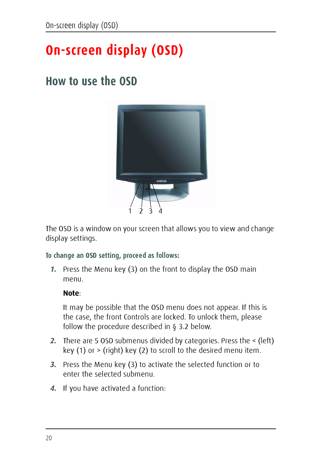 Barco 1219 user manual On-screen display OSD, How to use the OSD, To change an OSD setting, proceed as follows 