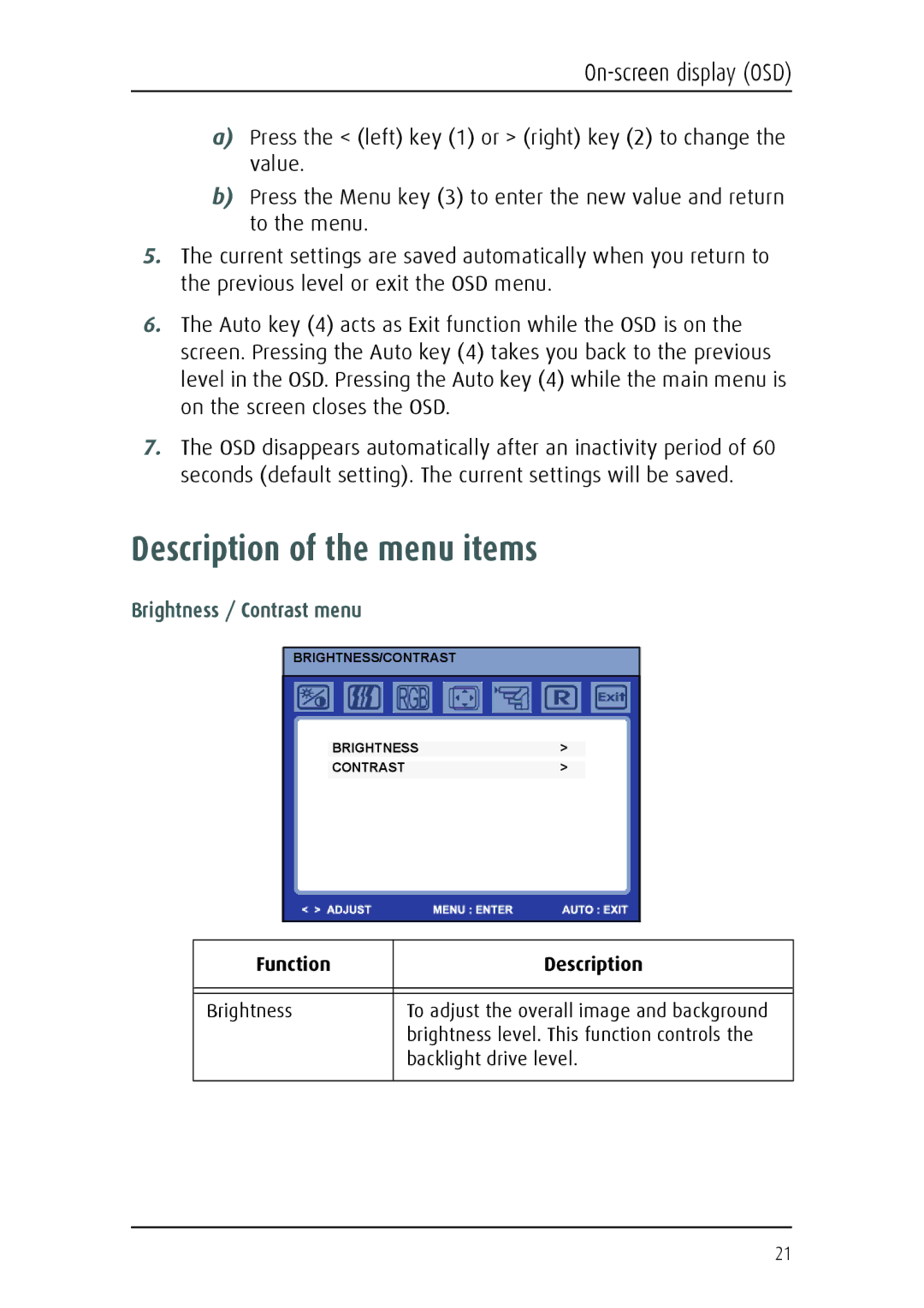 Barco 1219 user manual Description of the menu items, Brightness / Contrast menu 