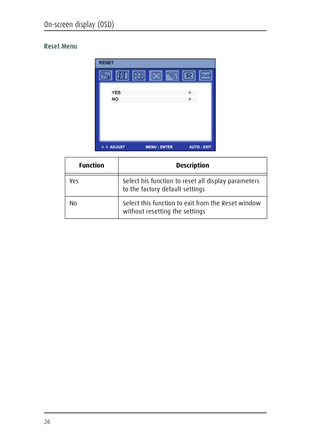 Barco 1219 user manual Reset Menu 