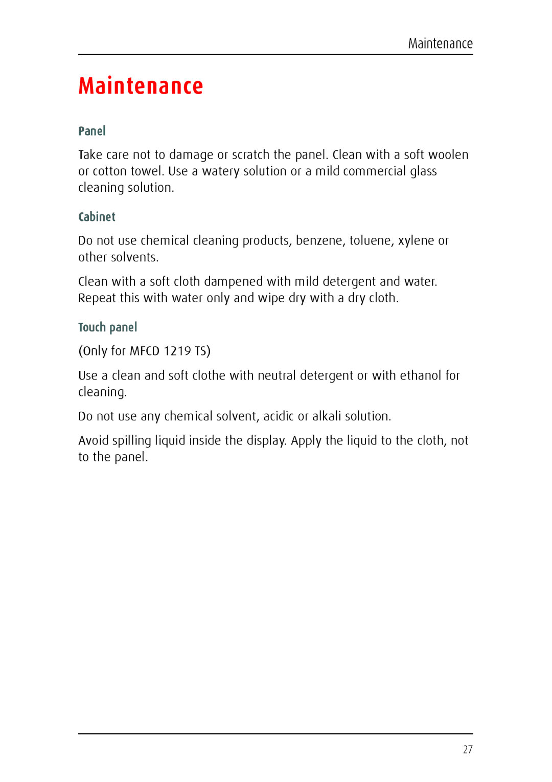 Barco 1219 user manual Maintenance, Panel, Cabinet 